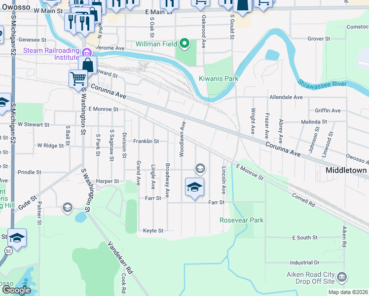 map of restaurants, bars, coffee shops, grocery stores, and more near 619 Woodlawn Avenue in Owosso