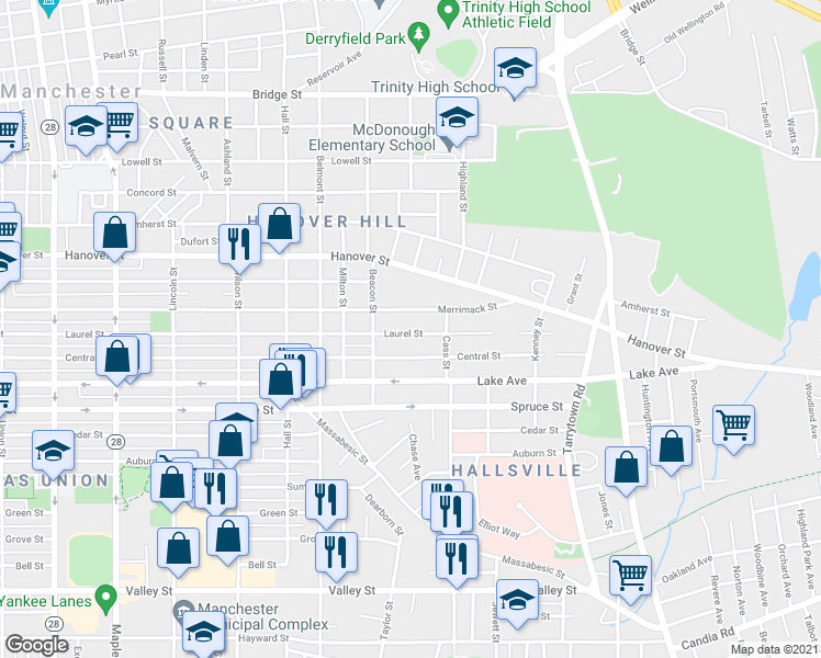 map of restaurants, bars, coffee shops, grocery stores, and more near 430 Laurel Street in Manchester