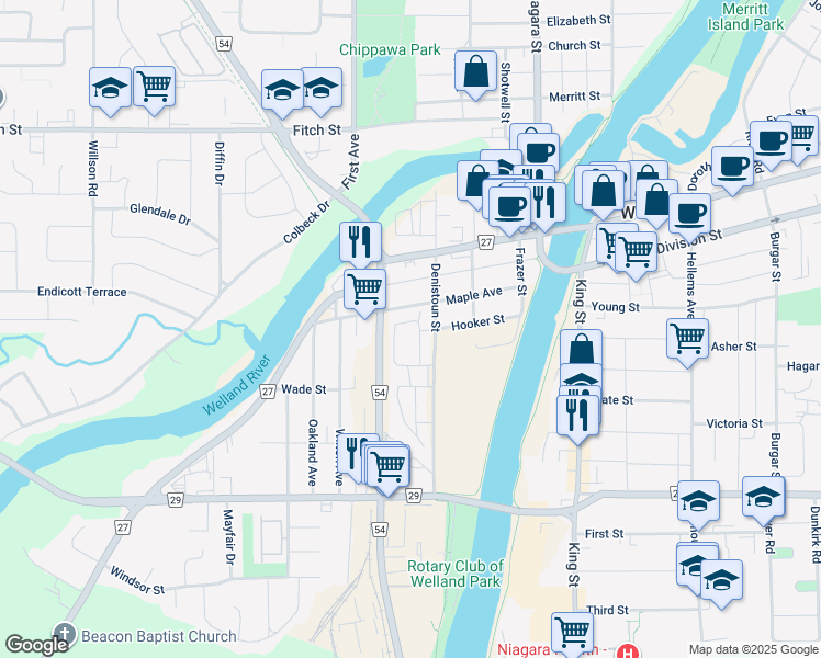 map of restaurants, bars, coffee shops, grocery stores, and more near 195 Denistoun Street in Welland