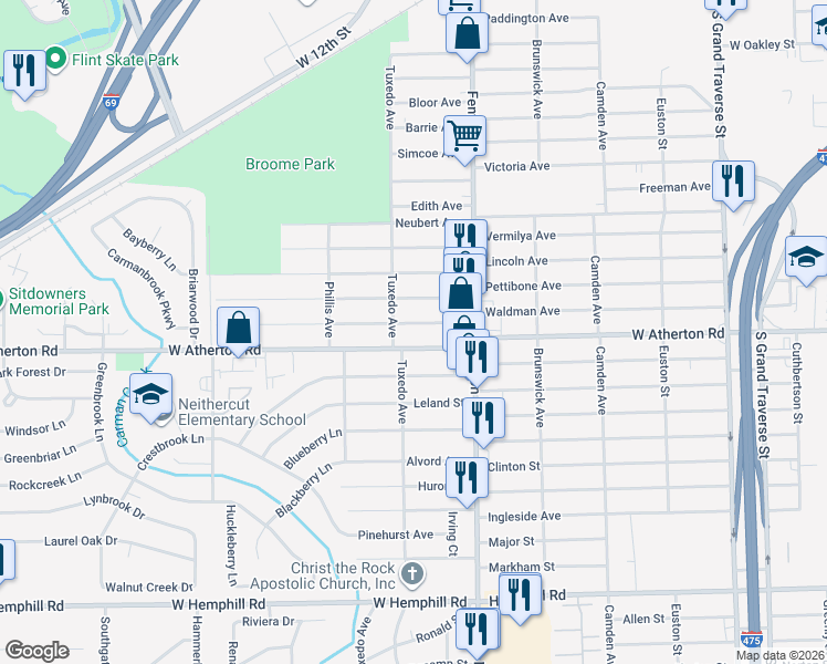map of restaurants, bars, coffee shops, grocery stores, and more near 1122 West Atherton Road in Flint