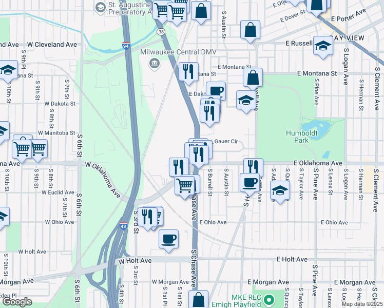 map of restaurants, bars, coffee shops, grocery stores, and more near 126 East Oklahoma Avenue in Milwaukee