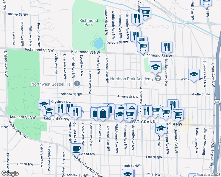 map of restaurants, bars, coffee shops, grocery stores, and more near 935 Arianna Street Northwest in Grand Rapids