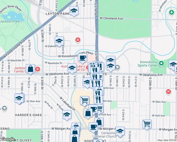 map of restaurants, bars, coffee shops, grocery stores, and more near 2900 West Oklahoma Avenue in Milwaukee