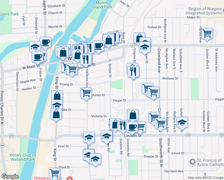 map of restaurants, bars, coffee shops, grocery stores, and more near 146 Burgar Street in Welland