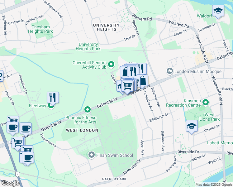 map of restaurants, bars, coffee shops, grocery stores, and more near 101 Cherryhill Boulevard in London