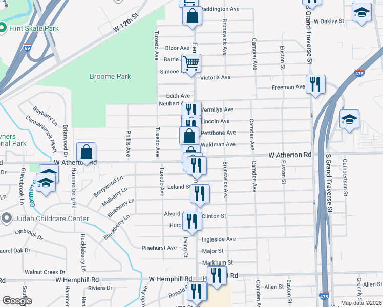 map of restaurants, bars, coffee shops, grocery stores, and more near 3718 Fenton Road in Flint