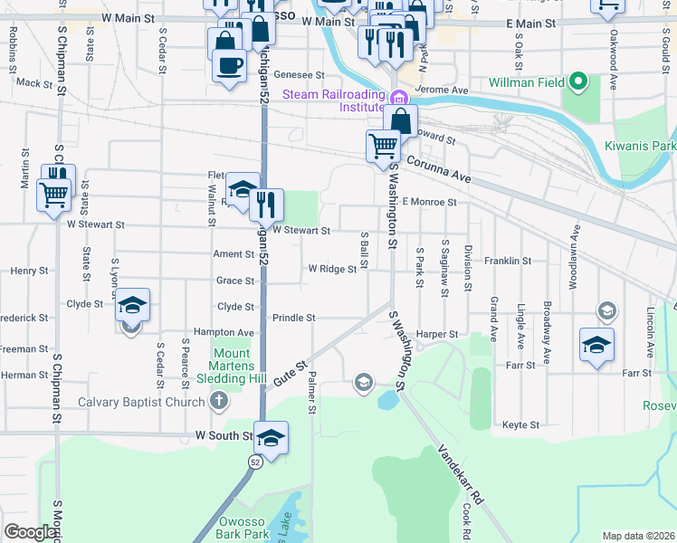 map of restaurants, bars, coffee shops, grocery stores, and more near 305 West Ridge Street in Owosso