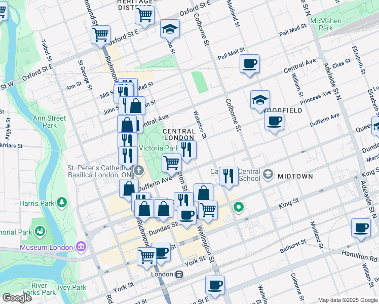map of restaurants, bars, coffee shops, grocery stores, and more near 520 Wellington Street in London