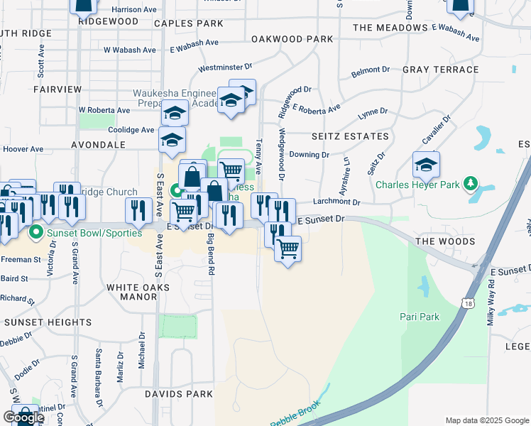 map of restaurants, bars, coffee shops, grocery stores, and more near 1303 Tenny Avenue in Waukesha