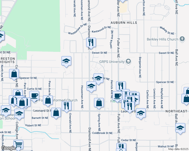 map of restaurants, bars, coffee shops, grocery stores, and more near 1475 Burke Avenue Northeast in Grand Rapids