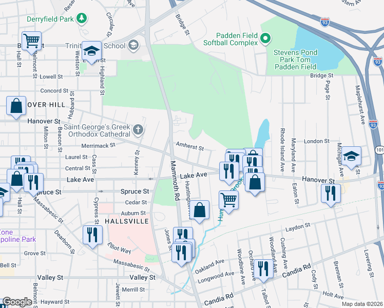 map of restaurants, bars, coffee shops, grocery stores, and more near 772 Hanover Street in Manchester