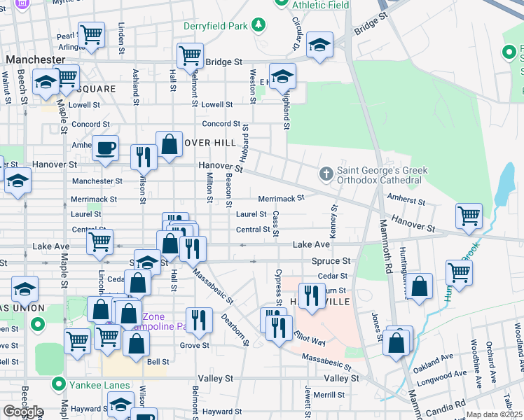 map of restaurants, bars, coffee shops, grocery stores, and more near 449 Laurel Street in Manchester