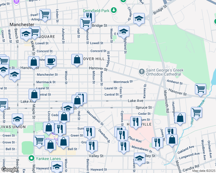 map of restaurants, bars, coffee shops, grocery stores, and more near 417 Laurel Street in Manchester