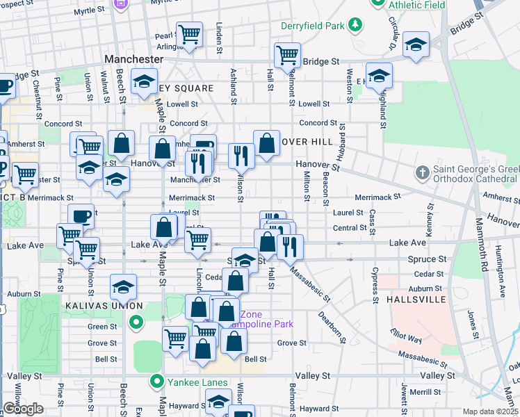 map of restaurants, bars, coffee shops, grocery stores, and more near 335 Laurel Street in Manchester