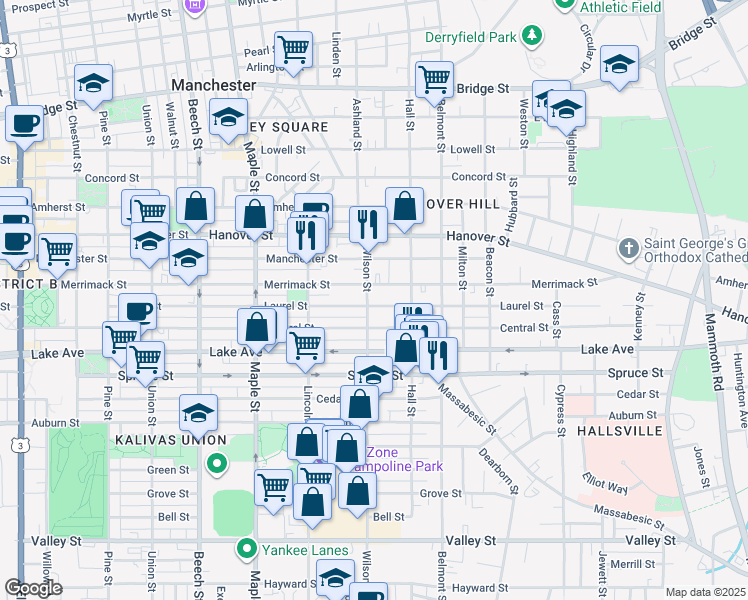 map of restaurants, bars, coffee shops, grocery stores, and more near 301 Laurel Street in Manchester