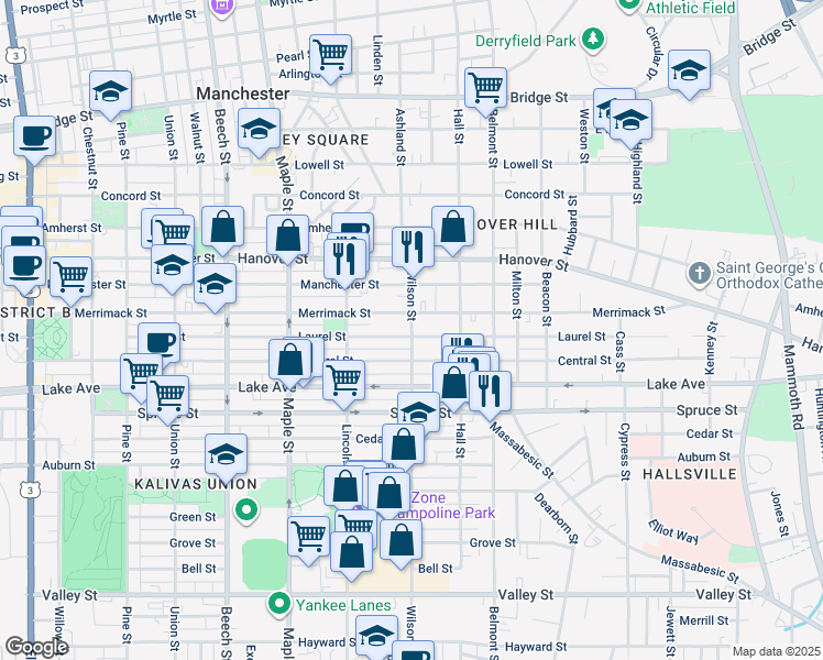 map of restaurants, bars, coffee shops, grocery stores, and more near 301 Laurel Street in Manchester