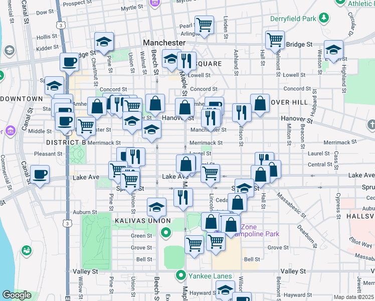 map of restaurants, bars, coffee shops, grocery stores, and more near 213 Laurel Street in Manchester