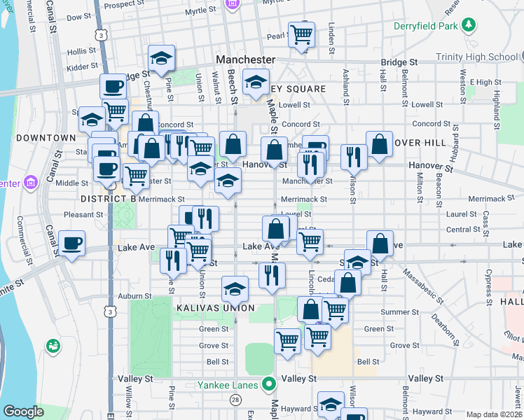 map of restaurants, bars, coffee shops, grocery stores, and more near 185 Laurel Street in Manchester