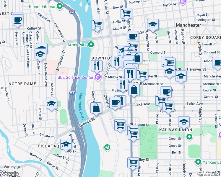 map of restaurants, bars, coffee shops, grocery stores, and more near 95 Pleasant Street in Manchester