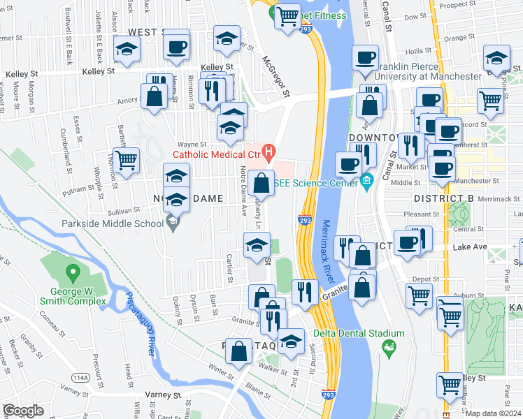 map of restaurants, bars, coffee shops, grocery stores, and more near 157 Notre Dame Avenue in Manchester