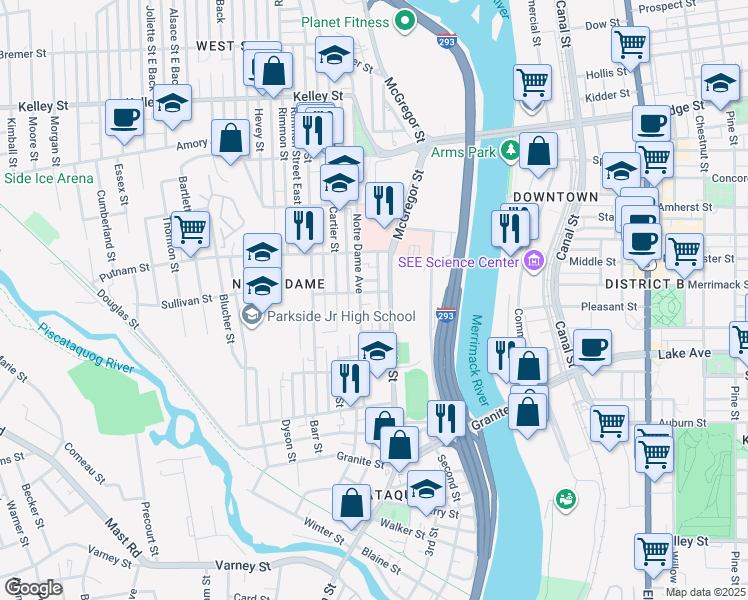 map of restaurants, bars, coffee shops, grocery stores, and more near 157 Notre Dame Avenue in Manchester