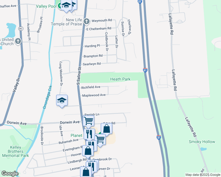 map of restaurants, bars, coffee shops, grocery stores, and more near 199 Maplewood Avenue in Syracuse