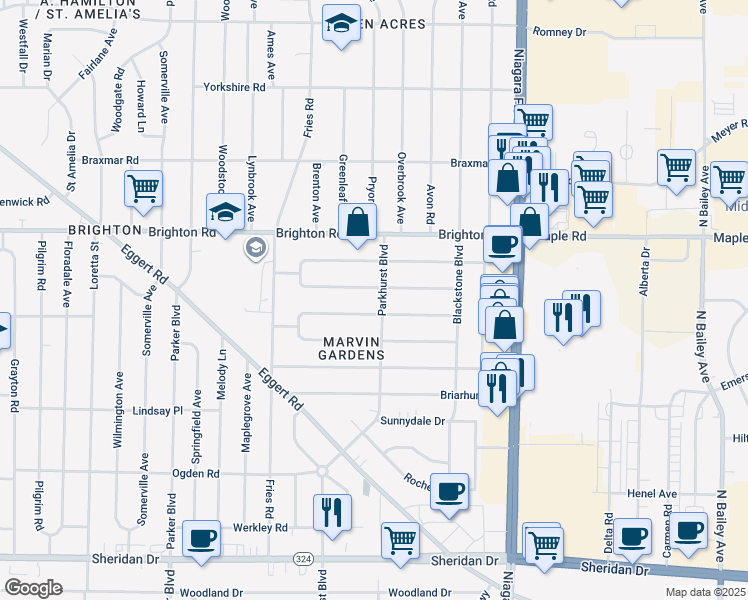map of restaurants, bars, coffee shops, grocery stores, and more near 121 Calvin Court North in Tonawanda