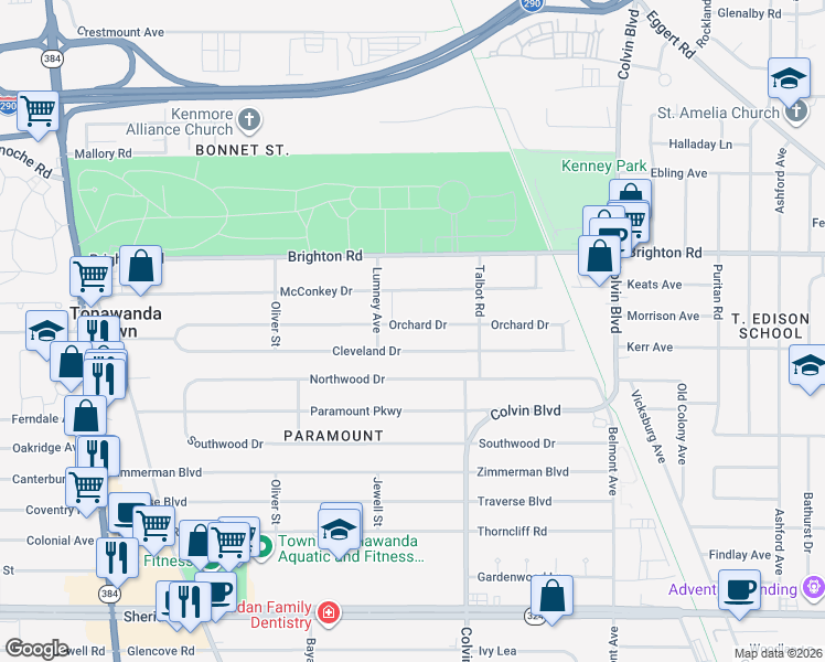 map of restaurants, bars, coffee shops, grocery stores, and more near 246 Cleveland Drive in Buffalo