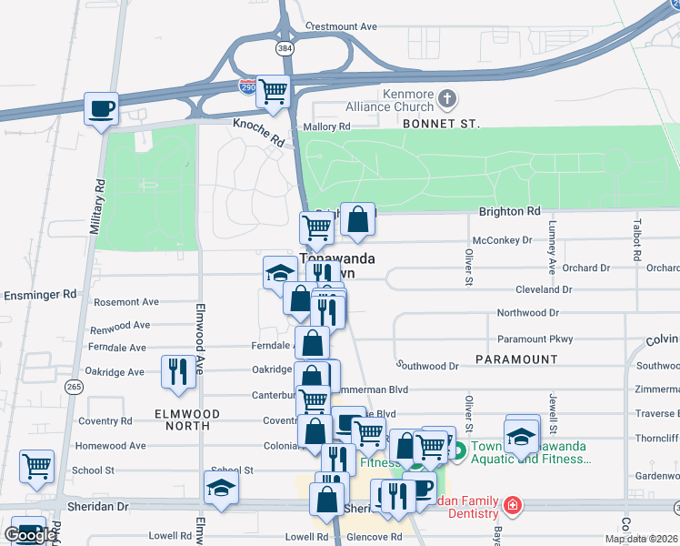 map of restaurants, bars, coffee shops, grocery stores, and more near in Tonawanda Town