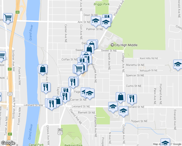 map of restaurants, bars, coffee shops, grocery stores, and more near 223 Spencer Street Northeast in Grand Rapids