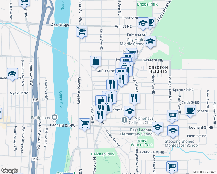 map of restaurants, bars, coffee shops, grocery stores, and more near 58 Caledonia Street Northeast in Grand Rapids
