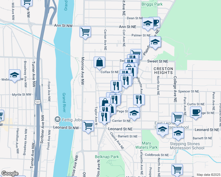 map of restaurants, bars, coffee shops, grocery stores, and more near 58 Caledonia Street Northeast in Grand Rapids