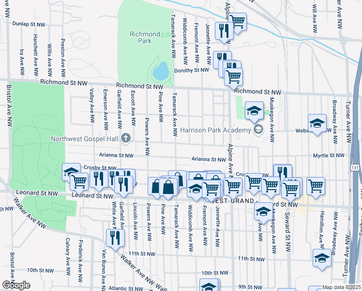 map of restaurants, bars, coffee shops, grocery stores, and more near 935 Arianna Street Northwest in Grand Rapids