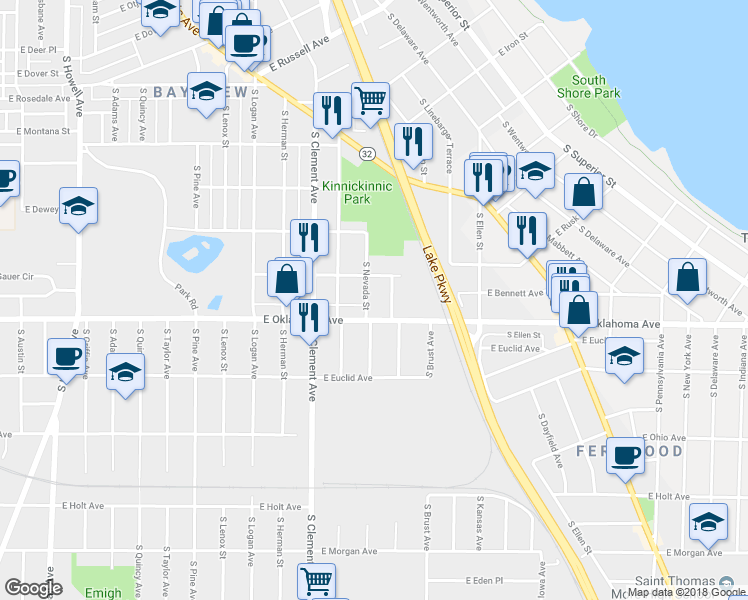 map of restaurants, bars, coffee shops, grocery stores, and more near 1426 East Oklahoma Avenue in Milwaukee