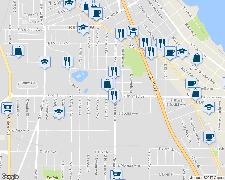 map of restaurants, bars, coffee shops, grocery stores, and more near 1208 East Oklahoma Avenue in Milwaukee