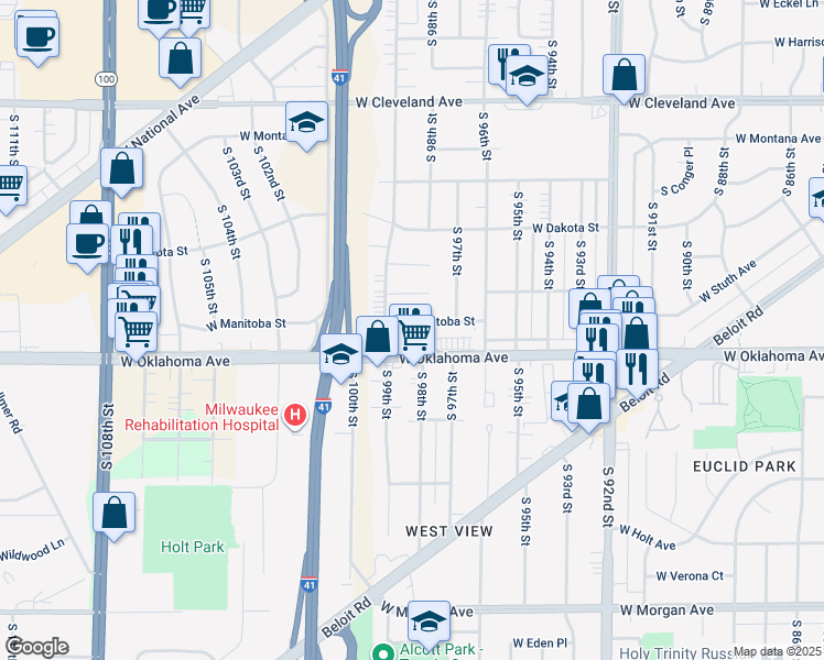 map of restaurants, bars, coffee shops, grocery stores, and more near 9804 West Oklahoma Avenue in West Allis