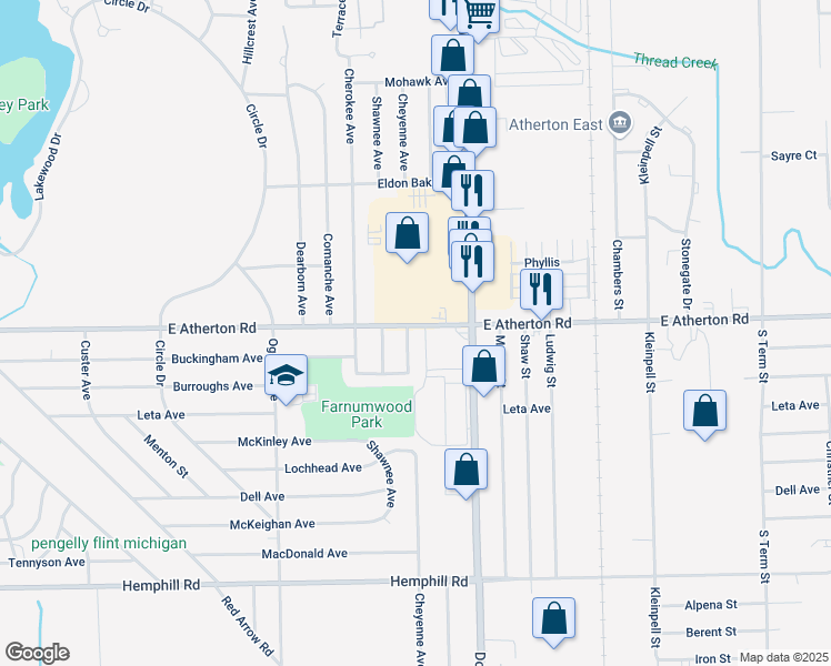 map of restaurants, bars, coffee shops, grocery stores, and more near 1202 East Atherton Road in Flint