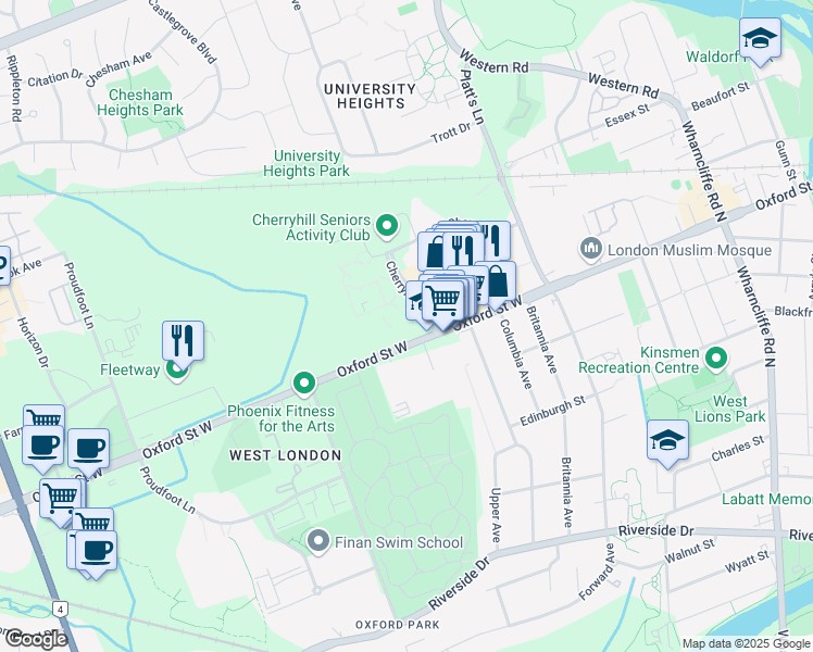 map of restaurants, bars, coffee shops, grocery stores, and more near 101 Cherryhill Boulevard in London