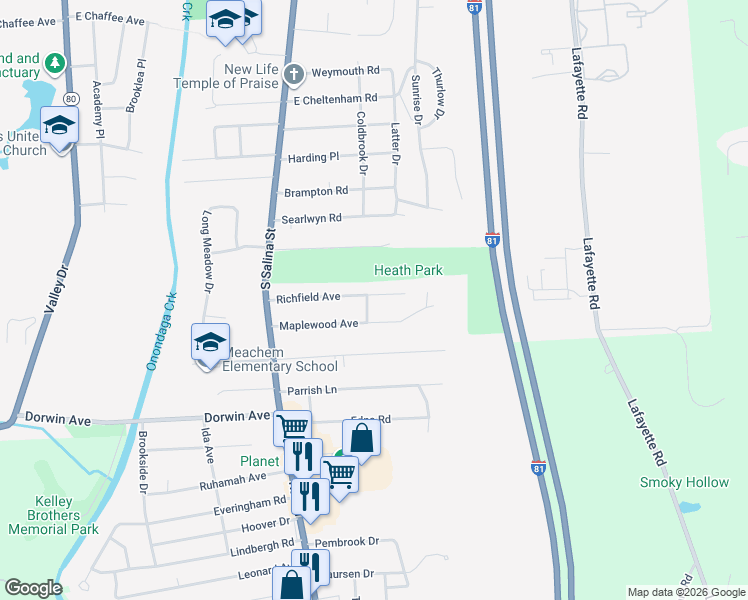 map of restaurants, bars, coffee shops, grocery stores, and more near 199 Maplewood Avenue in Syracuse