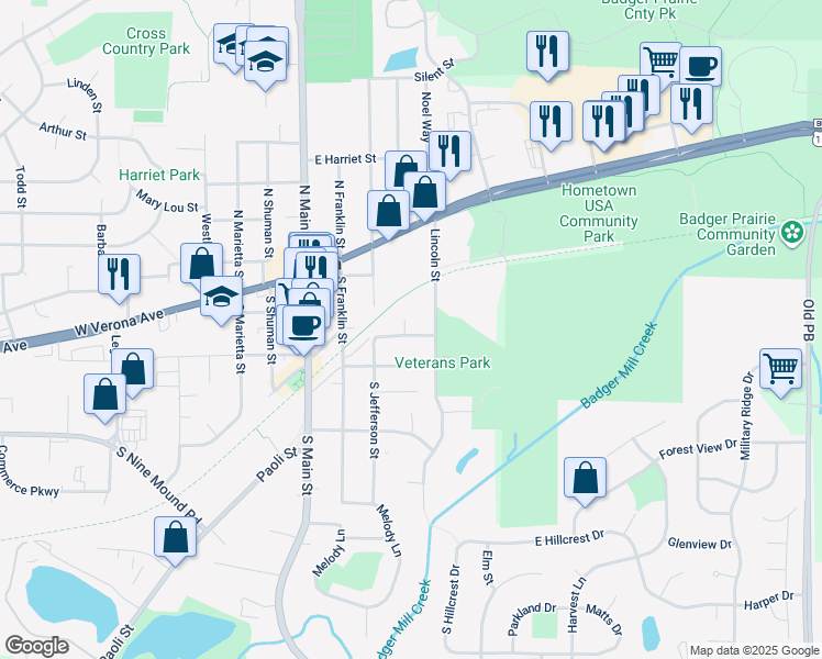 map of restaurants, bars, coffee shops, grocery stores, and more near 324 William Circle in Verona
