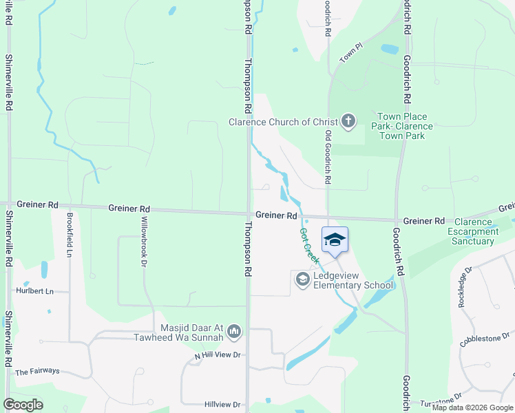 map of restaurants, bars, coffee shops, grocery stores, and more near 9245 Greiner Road in Clarence