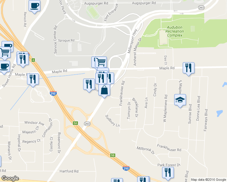 map of restaurants, bars, coffee shops, grocery stores, and more near 115 Flint Road in Buffalo
