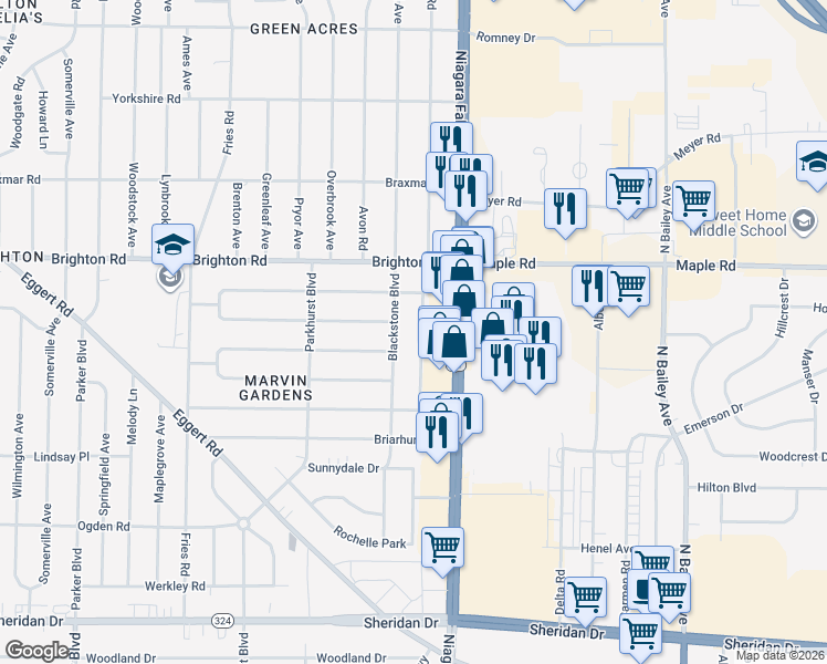 map of restaurants, bars, coffee shops, grocery stores, and more near 281 Blackstone Boulevard in Tonawanda
