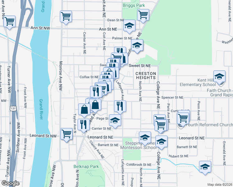 map of restaurants, bars, coffee shops, grocery stores, and more near 1424 Buffalo Avenue Northeast in Grand Rapids