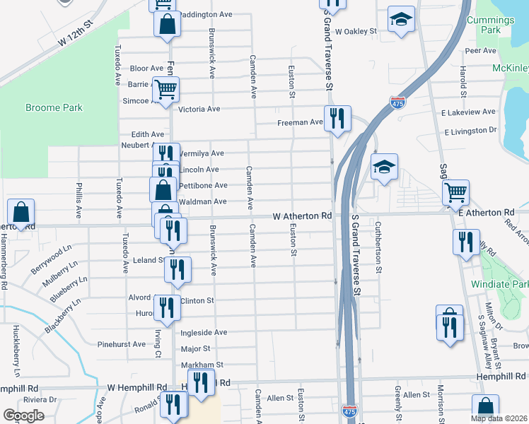 map of restaurants, bars, coffee shops, grocery stores, and more near 751 West Atherton Road in Flint