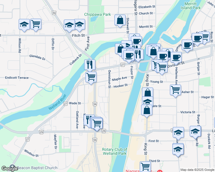 map of restaurants, bars, coffee shops, grocery stores, and more near 185 Denistoun Street in Welland