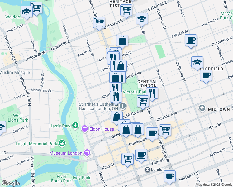 map of restaurants, bars, coffee shops, grocery stores, and more near 551 Richmond Street in London