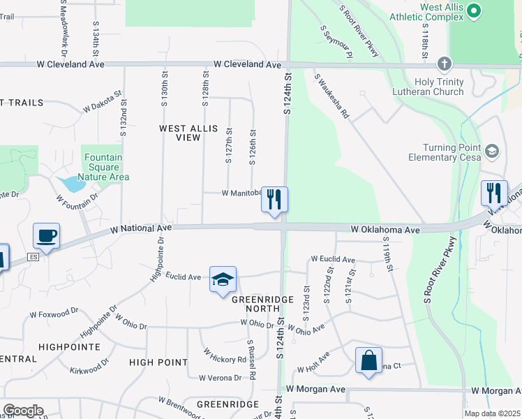 map of restaurants, bars, coffee shops, grocery stores, and more near 12550 West National Avenue in New Berlin