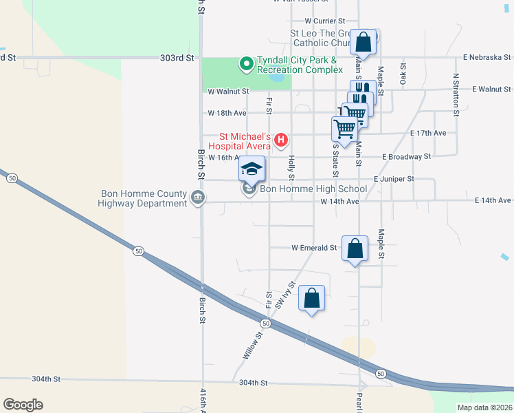 map of restaurants, bars, coffee shops, grocery stores, and more near 505 West 14th Avenue in Tyndall
