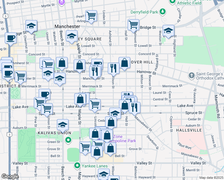 map of restaurants, bars, coffee shops, grocery stores, and more near 301 Laurel Street in Manchester